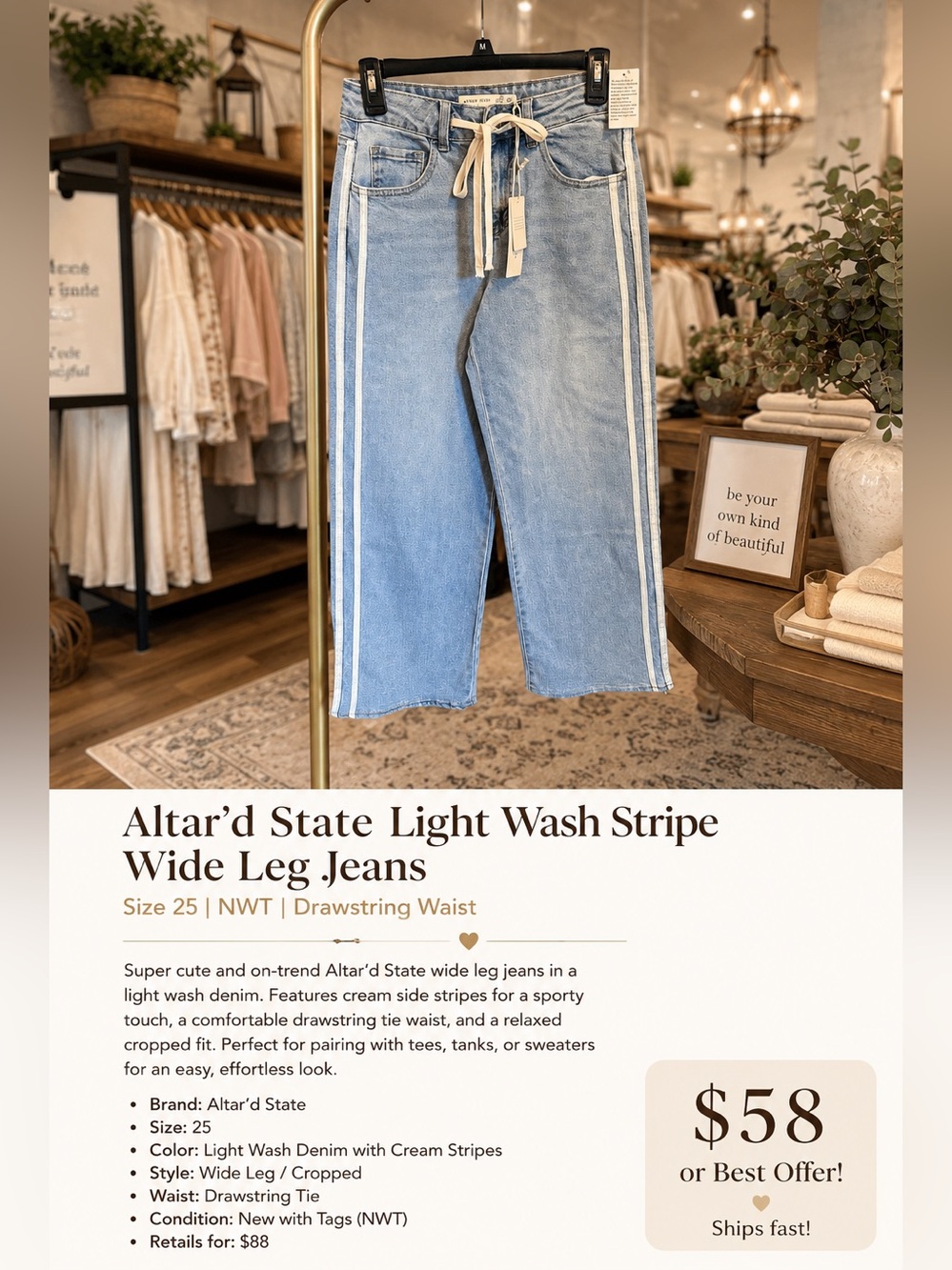 Altar’d State NWT Light Wash Wide Leg Jeans Size 25 Cream Side Stripe Drawstring